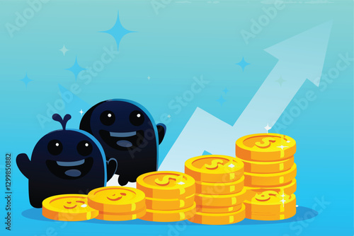 Cheerful cartoon monsters gleefully stacking piles of gold coins, illustrating wealth accumulation.