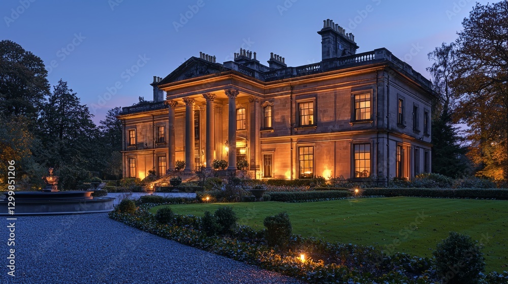 Fototapeta premium Elegant Historic Mansion at Dusk with Soft Lighting