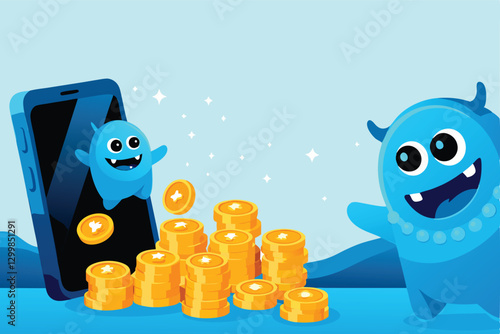 Cheerful cartoon monsters gleefully stacking piles of gold coins, symbolizing wealth and prosperity.