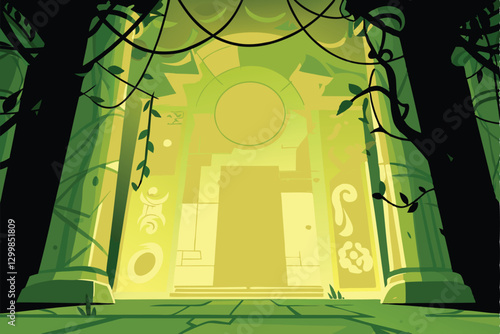 Eerie, overgrown temple ruins glowing faintly at night, thick vines clinging to ancient stone, mystical atmosphere.