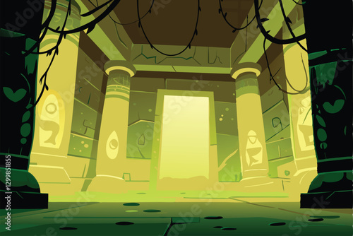 Eerie, glowing green light illuminates an ancient, overgrown temple hidden amidst dense jungle vines.  Mysterious and atmospheric scene.