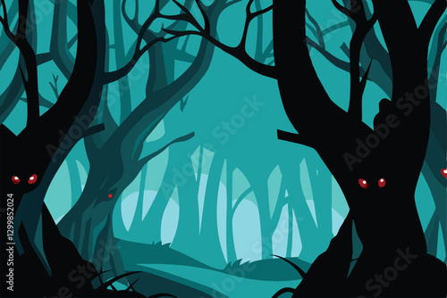 Eerie, mystical forest scene with gnarled, dark trees, illuminated by an ethereal, otherworldly glow.  Deep shadows and twisting branches.