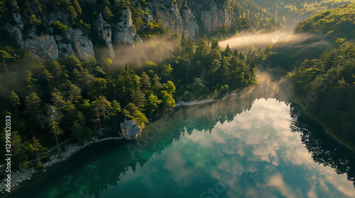 serene mountain lake at dawn with mist over crystal-clear waters