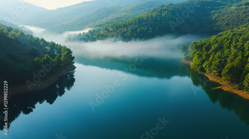 serene mountain lake at dawn with mist over crystal-clear waters