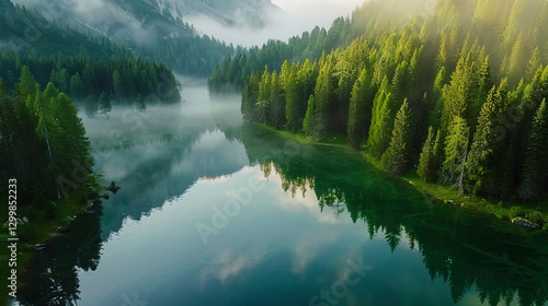 serene mountain lake at dawn with mist over crystal-clear waters