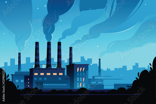 Night cityscape a factory at dusk, illuminated windows glow against a dark sky, showcasing industrial architecture.