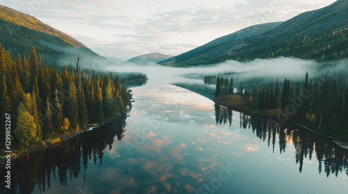 serene mountain lake at dawn with mist over crystal-clear waters
