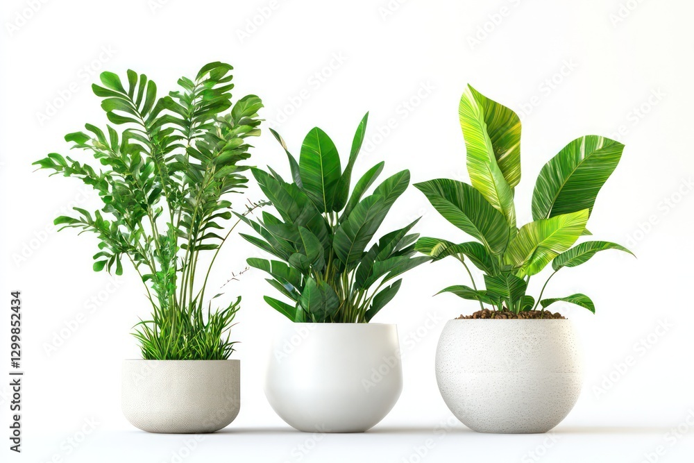Fototapeta premium A serene 3D illustration of houseplants in pots, with vibrant green leaves, isolated on a white background, conveying freshness and tranquility.