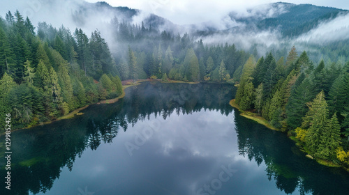 serene mountain lake at dawn with mist over crystal-clear waters