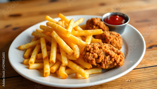 a delicious plate of crispy french fries and fried chicken nuggets with a side of ketchup