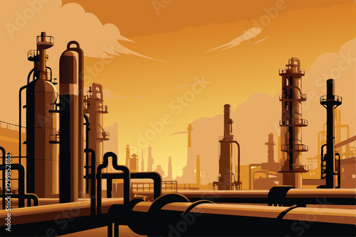 A sprawling oil refinery complex at sunset, showcasing tall distillation columns, intricate pipework, and industrial infrastructure.