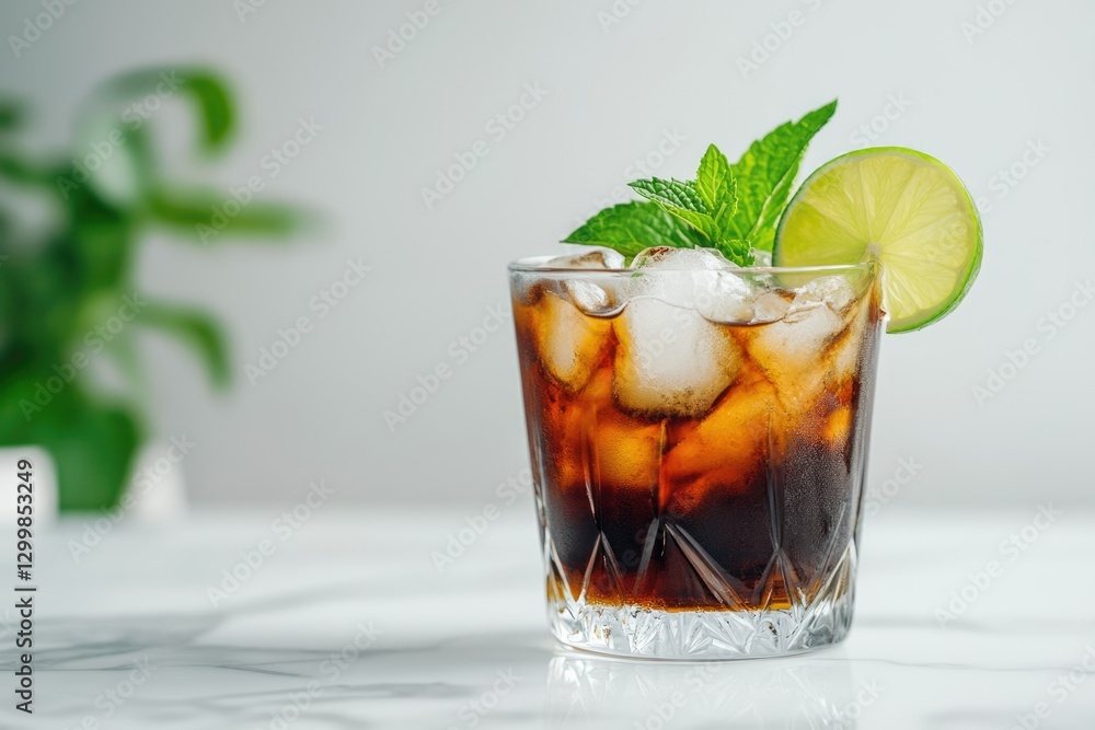 Refreshing Cuba Libre cocktail with ice, lime, and mint in a crystal glass. Refreshing Cuba Libre cocktail with ice, lime, and mint in a crystal glass.