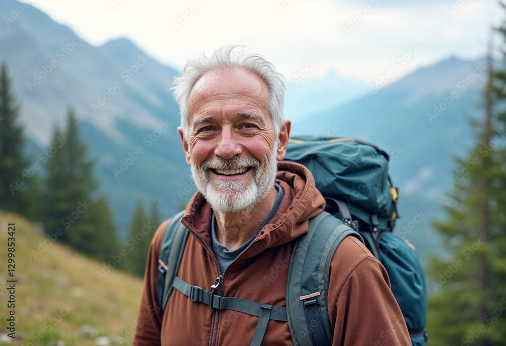 The smiling senior man traveling alone for backpacking in alpine mountains, looking to the camera, hiking, active and healthy adventure travel vacation The smiling senior man traveling alone for backpacking in alpine mountains, looking to the camera, hiking, active and healthy adventure travel vacation