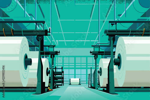 Gigantic rolls of paper dominate a bustling industrial paper mill, showcasing the manufacturing process.