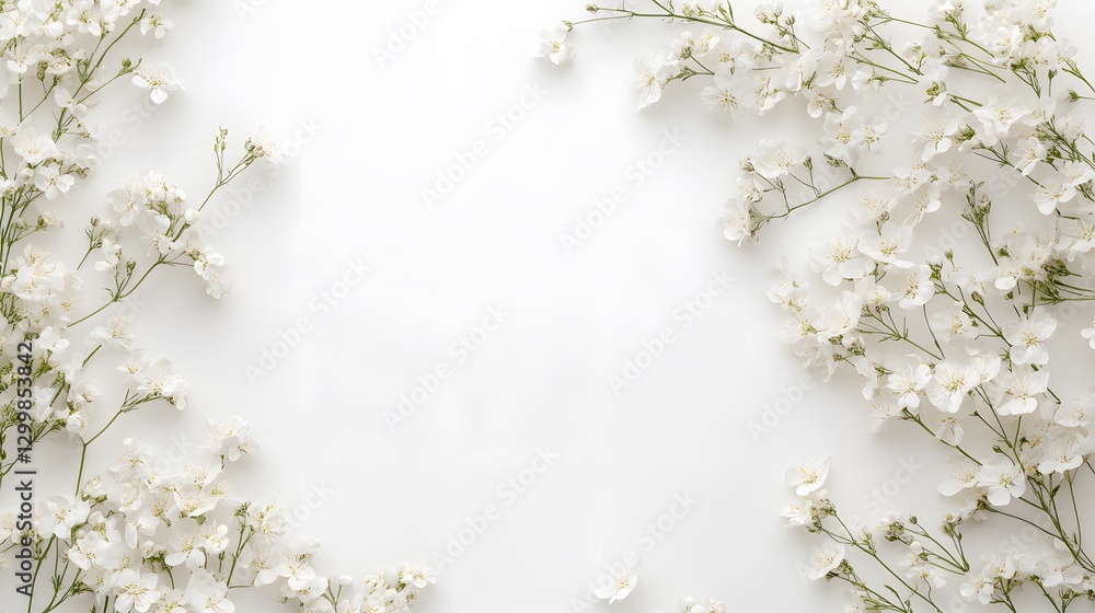 Delicate white flowers arranged on a simple clean white background Delicate white flowers arranged on a simple clean white background