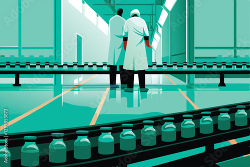 A sterile, modern pharmaceutical factory interior;  workers in white lab coats meticulously conduct quality control checks on pharmaceutical products.