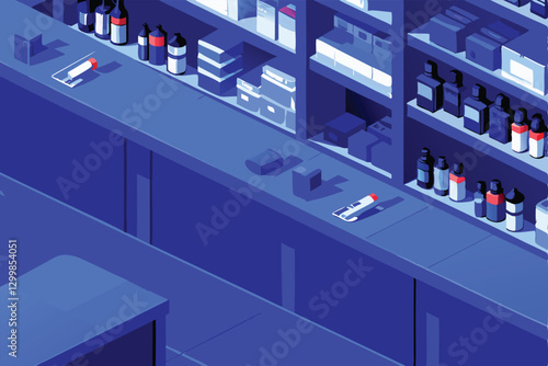 Create an isometric illustration of a modern pharmacy interior, focusing on neatly organized prescription counters and medicine shelves.  Include realistic details.