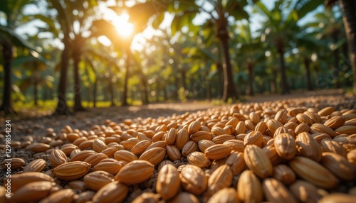 Harvesting almonds in a vibrant orchard at sunset nature photography agriculture scene photo