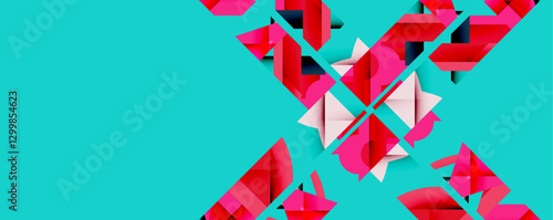 Abstract geometric composition with interlocking circular and angular shapes, featuring smooth gradients and sharp contrasts on a white background