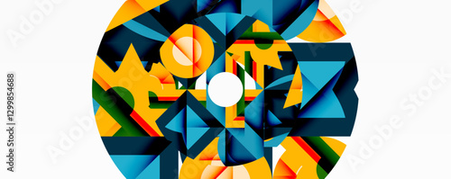 Abstract geometric artwork with interwoven angular and curved shapes, dynamic composition with smooth gradients and bold contrasts