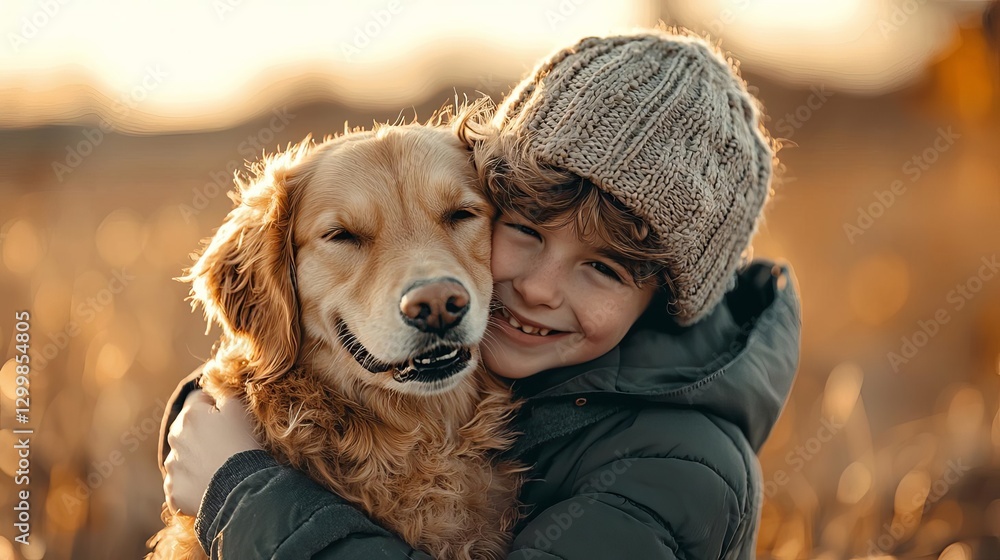 A joyful child embraces a golden retriever in a warm autumn field. A joyful child embraces a golden retriever in a warm autumn field.