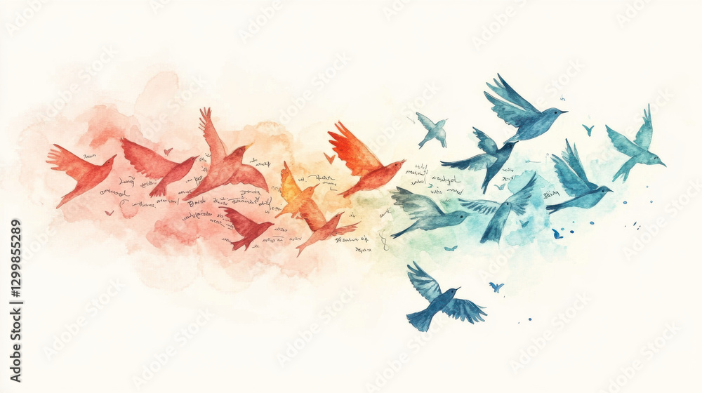 Obraz premium A mesmerizing mixed-media artwork combining watercolor and ink, featuring an old journal bursting open, releasing a cascade of delicate origami birds