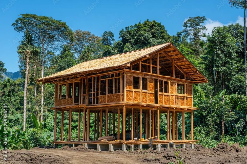 Bamboo house frame under construction in lush forest. Illustrates sustainable, eco-friendly building in a tropical setting. Bamboo house frame under construction in lush forest. Illustrates sustainable, eco-friendly building in a tropical setting.