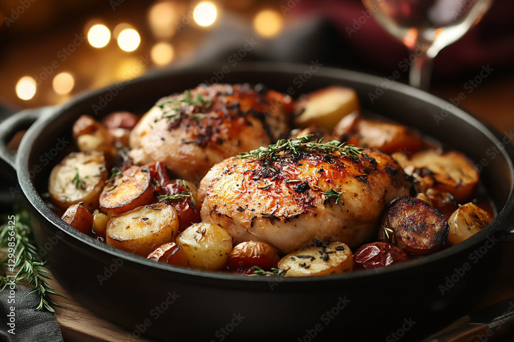 a beautifully arranged copper pot with chicken and vegetables, a beautifully arranged copper pot with chicken and vegetables,