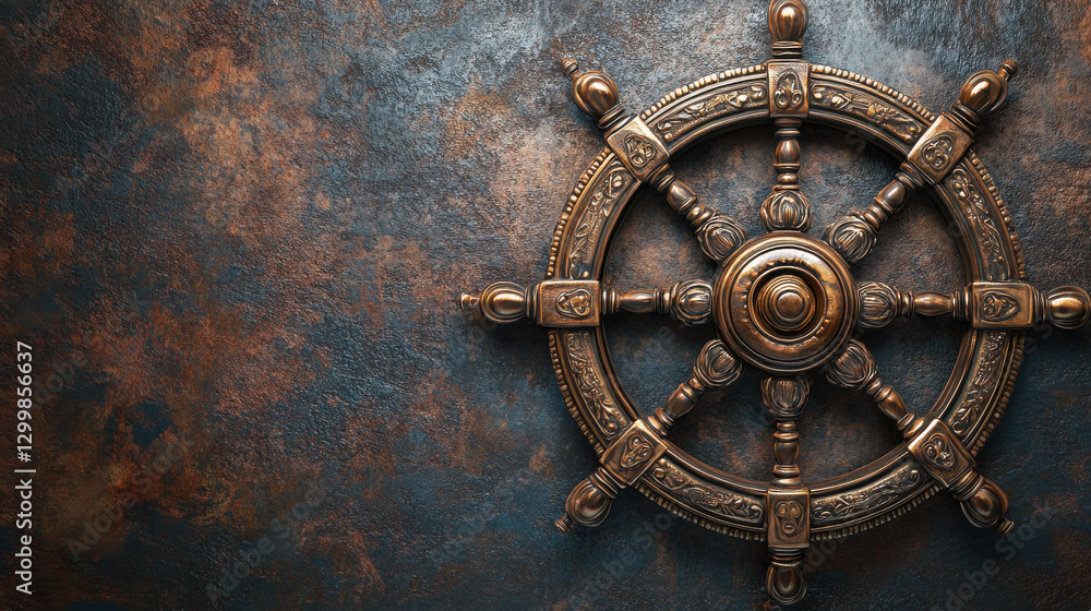 A weathered bronze ship wheel with ornate engravings, mounted on a solid matte background A weathered bronze ship wheel with ornate engravings, mounted on a solid matte background