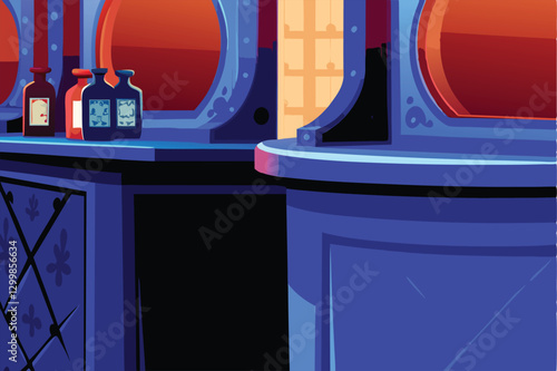 Retro-styled pharmacy interior showcasing vintage medicine packaging and counters.  Illustrate detailed apothecary jars and old-fashioned scales.