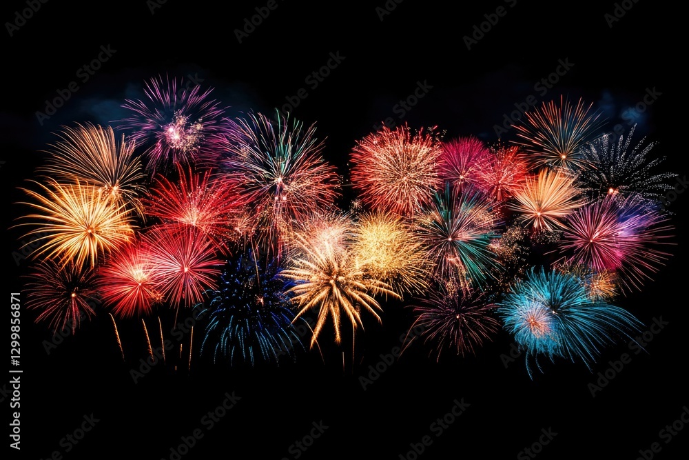 Vibrant fireworks display explodes in a spectacular night show with many colors. Vibrant fireworks display explodes in a spectacular night show with many colors.