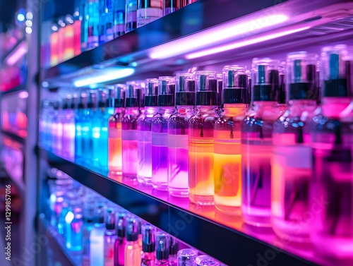 Urban vape store display colorful product showcase in a modern environment