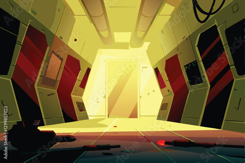 Render a detailed interior of a derelict spaceship, featuring a flickering red emergency light casting dramatic shadows.  Focus on decay and disrepair.