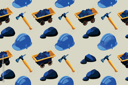 Create a seamless background pattern featuring various mining tools, minerals, and equipment.  Include realistic textures and a dark color palette.