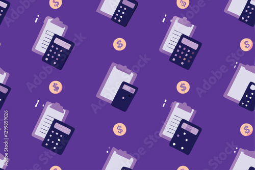 Create a vibrant, repeating pattern showcasing tax forms, calculators, and related financial elements.  Design should be clean & modern.