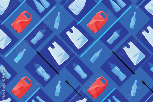 Create a vibrant, seamless pattern featuring various types of plastic waste, including straws, bottles, bags, and packaging.  Illustrate a diverse range of plastic waste items.