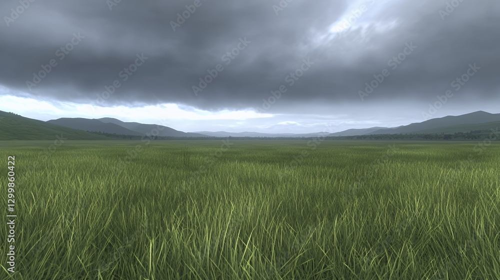 Expansive Green Field Under a Grey Cloudy Sky Expansive Green Field Under a Grey Cloudy Sky