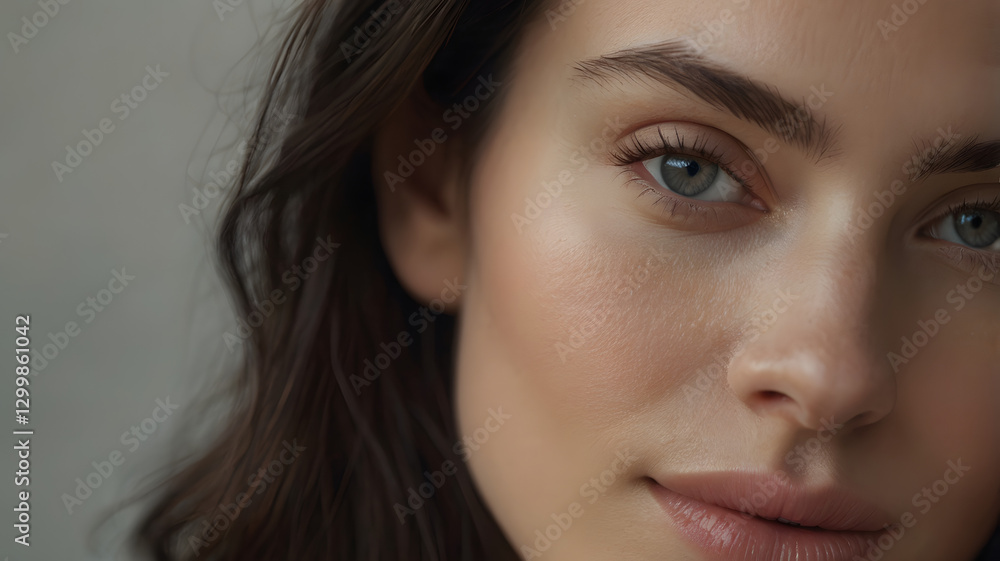 Close-up portrait of a woman with flawless skin and captivating blue eyes Close-up portrait of a woman with flawless skin and captivating blue eyes