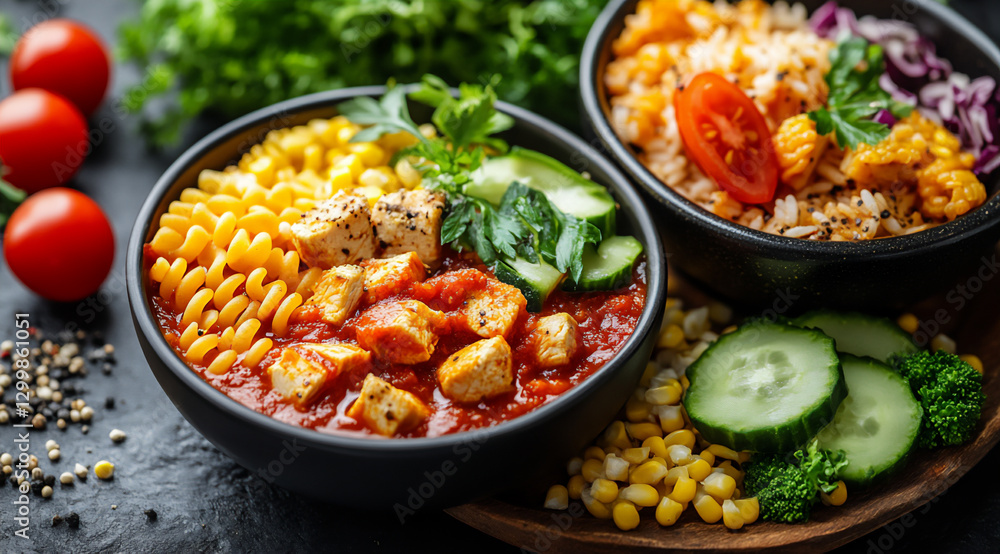 a black background with two bowls of healthy food, a black background with two bowls of healthy food,