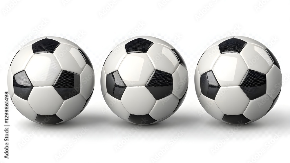soccer ball isolated on white, Three soccer balls, positioned evenly spaced against a transparent background. Each ball is a sphere with black and white hexagonal panels. soccer ball isolated on white, Three soccer balls, positioned evenly spaced against a transparent background. Each ball is a sphere with black and white hexagonal panels.