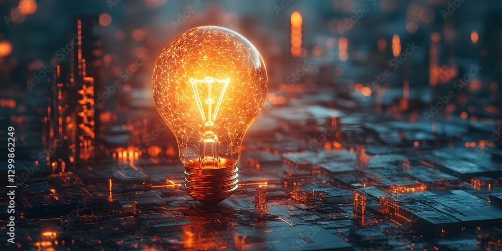 Naklejka premium Illuminating Innovation: A Glowing Lightbulb on a Futuristic Circuit Board