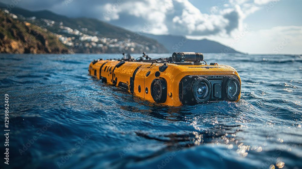 Obraz premium Underwater robotics specialists refining AI-powered marine conservation, testing deep-sea drones for real-time environmental monitoring, optimizing sustainable oceanic solutions