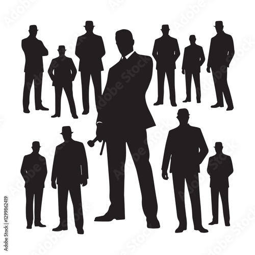 Retro mafia silhouettes set, large pack of vector silhouette design, isolated white background.