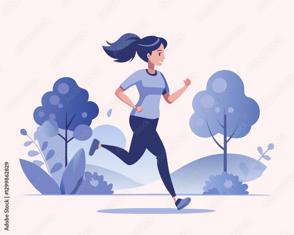 Alone in Fresh Air – Young Brunette Woman Jogging in the Park – Vector Illustration Alone in Fresh Air – Young Brunette Woman Jogging in the Park – Vector Illustration