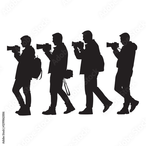 Silhouettes of professional photographers at work white background