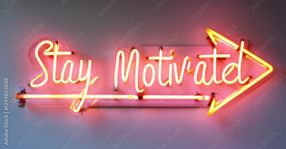 Obraz premium Neon sign stay motivated dynamic arrow flow glowing movement waves structured forward feel bright colorful realistic photo