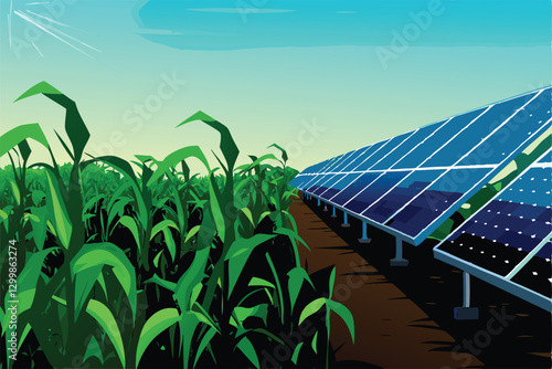 Expansive field with neat rows of grain, adjacent to a large solar farm installation showcasing rows of solar panels.