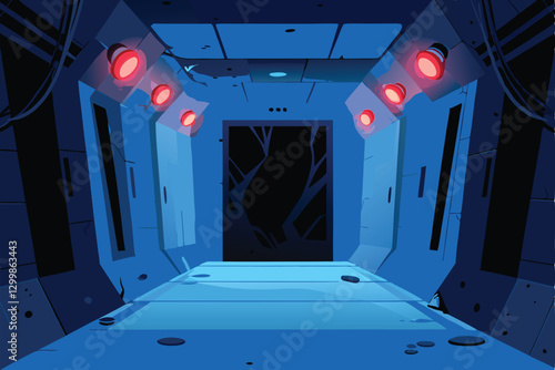 A dark, claustrophobic space station corridor with several flashing red alarm lights, suggesting a critical malfunction or emergency.