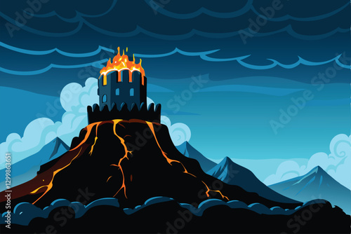A majestic, spiked volcanic fortress crowns a craggy mountain peak, with incandescent lava flowing down its slopes.