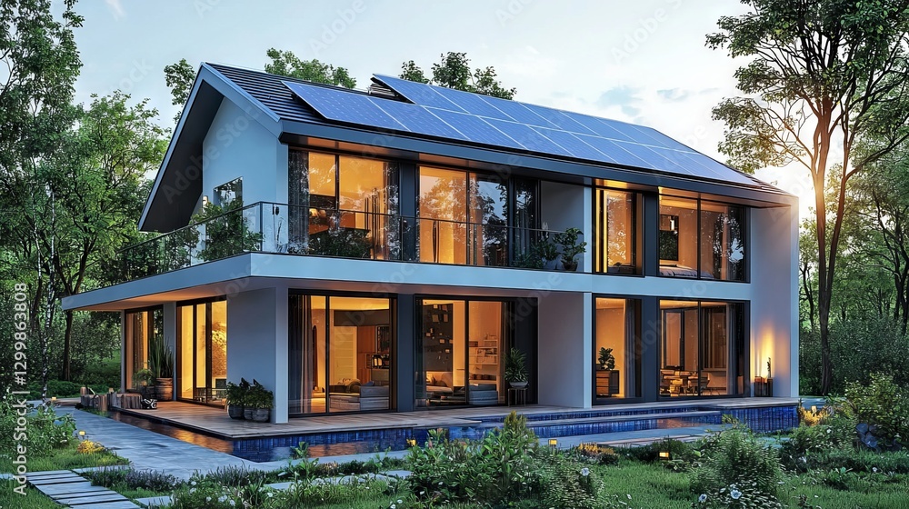 Fototapeta premium Modern House with Solar Panels in Serene Environment
